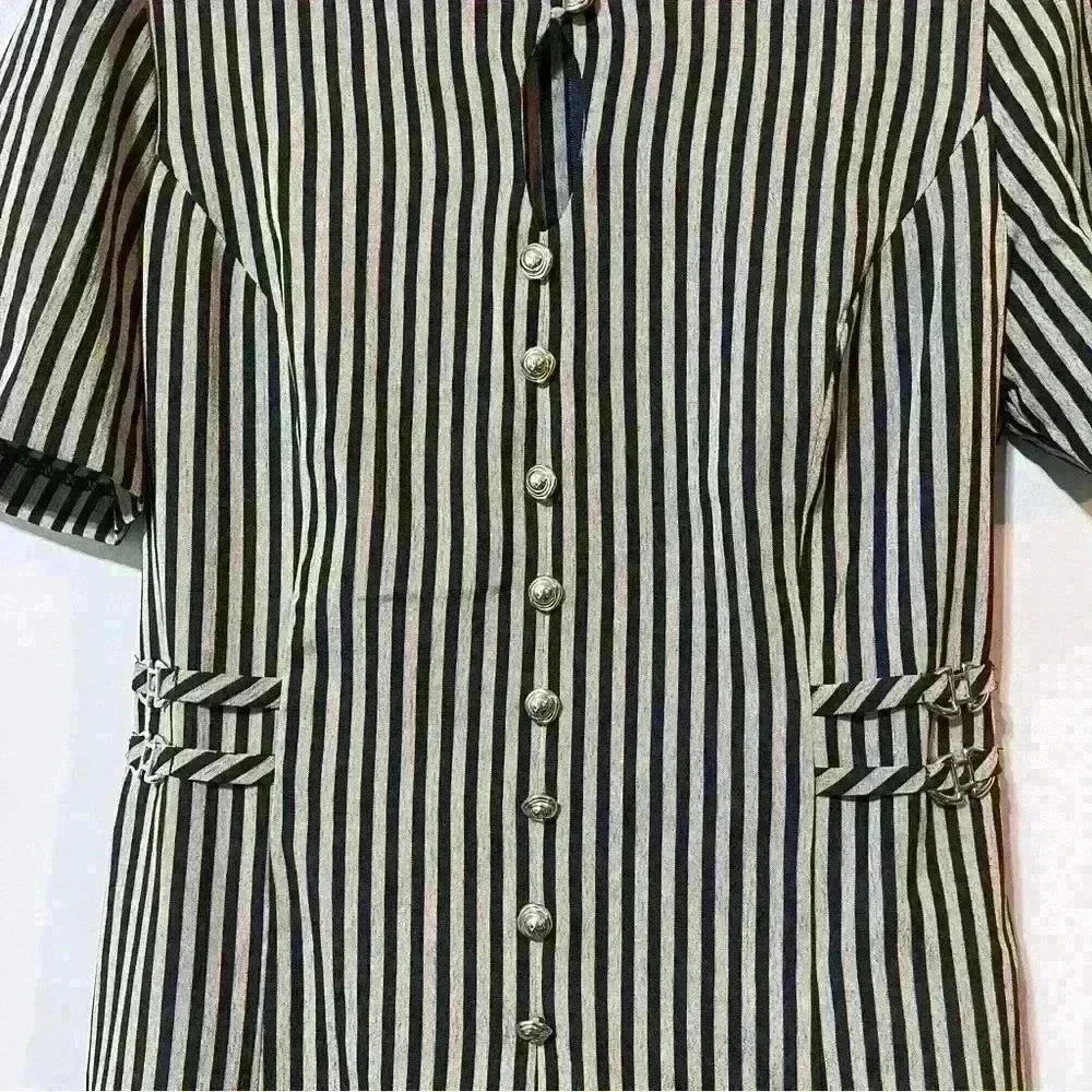 Miss Dorby Womens Size 8 Dress Short Sleeve Black Stripe Buttons Vintage Style - Picture 2 of 9